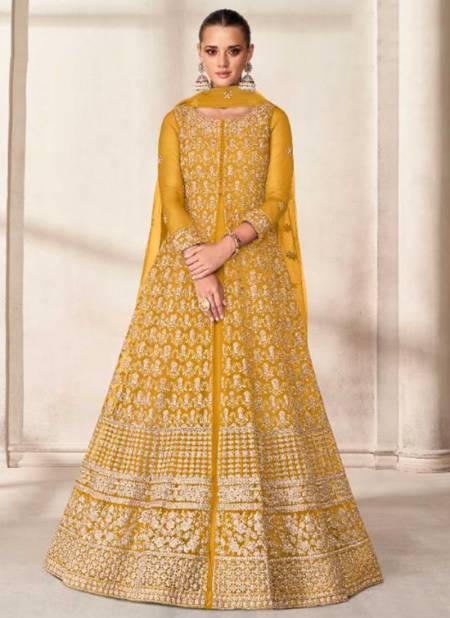 Yellow Colour AASHIRWAD PRISHA Wedding Wear Heavy Work Designer Long Anarkali Suit Collection 9199